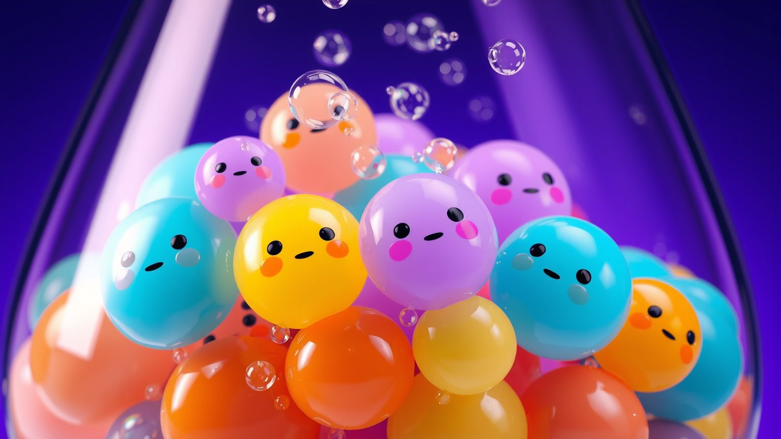 A glass flask packed with glossy candy-colored jelly blobs with tiny faces