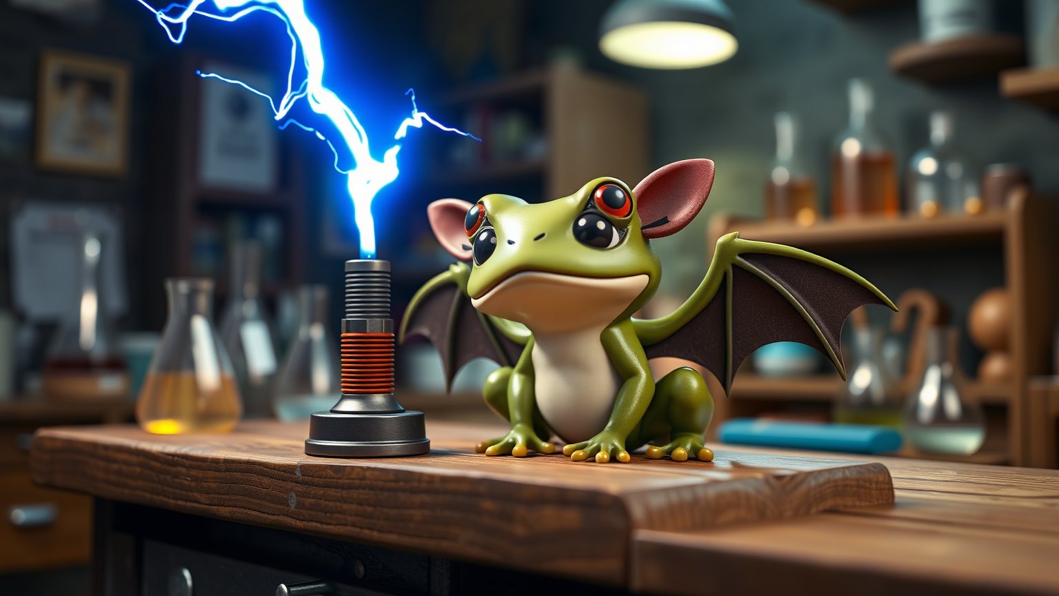 A small frog-bat creature sitting on a lab bench as an electric arc brings it to life