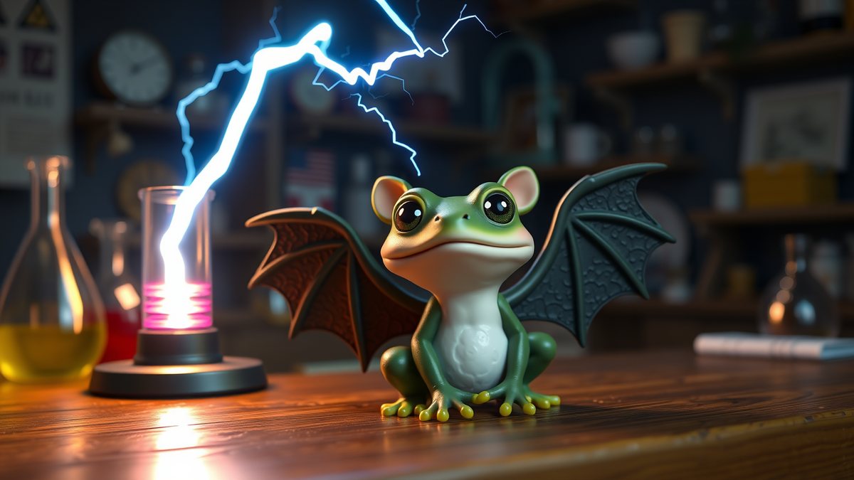 A frog-bat creature coming to life under a tesla coil
