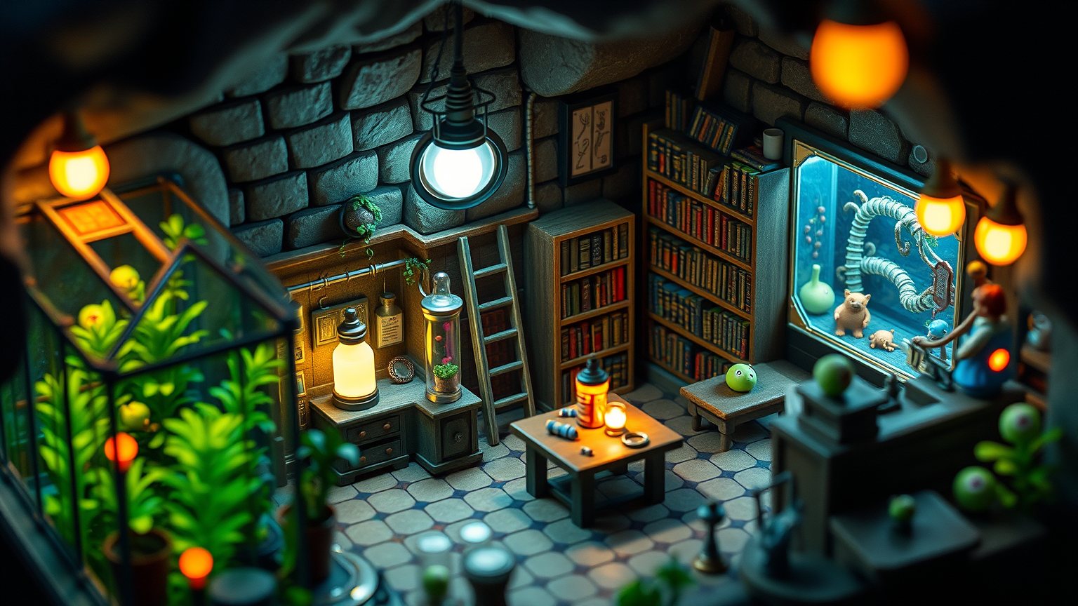 An isometric cutaway of a cozy underground laboratory at night with a greenhouse, coil room, library and creature nursery