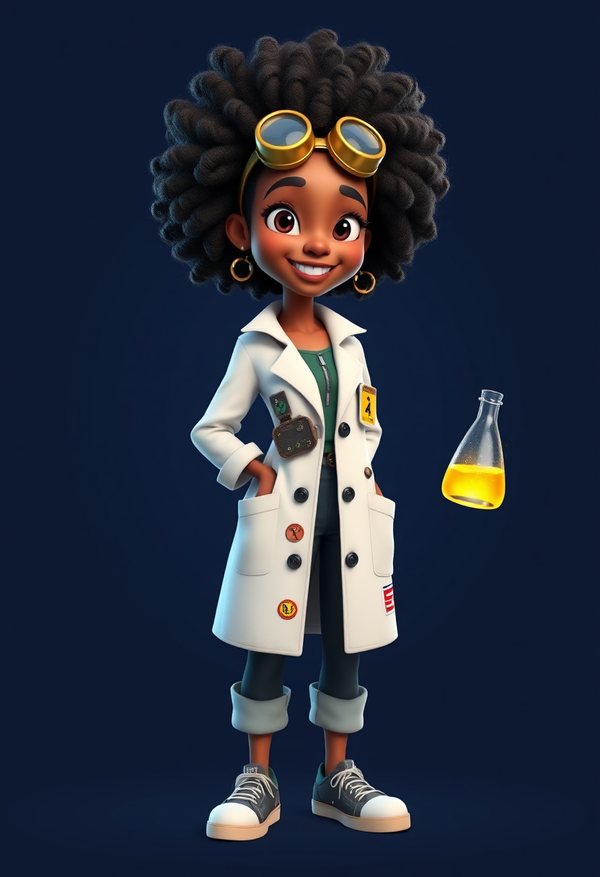 A young Black woman scientist in an oversized patched lab coat and brass goggles, holding a glowing flask