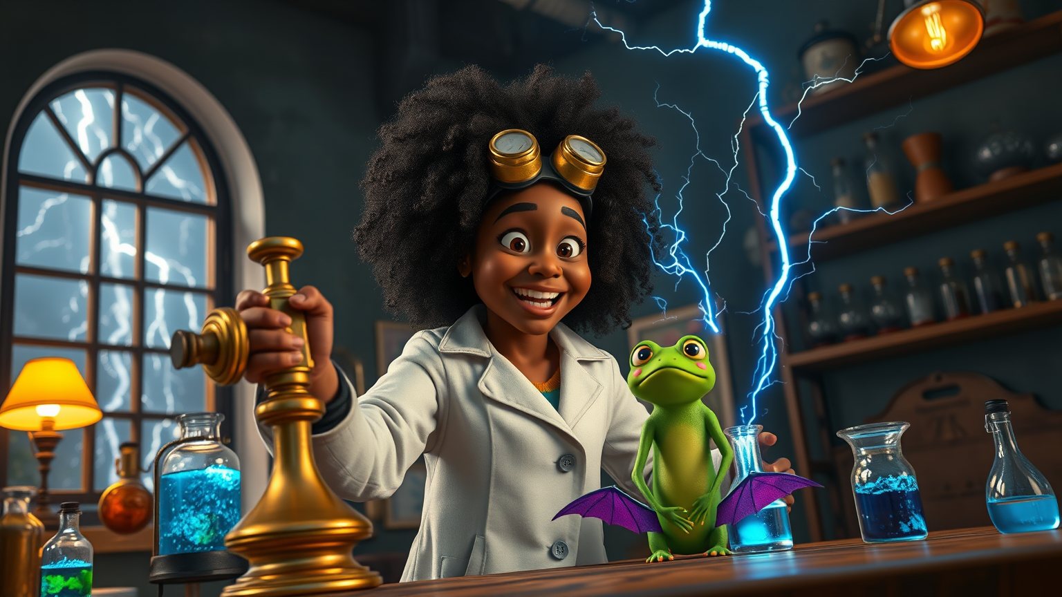 A young scientist pulls a brass lever as lightning brings a small creature to life on her lab bench